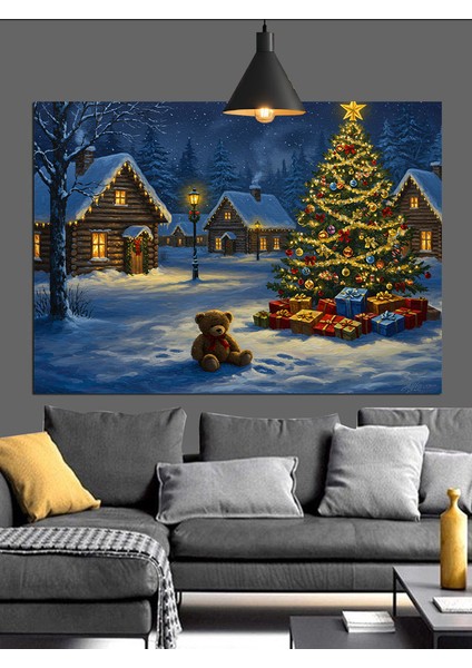 Karlı Kış Evi Ağaç Noel Dekoratif Kanvas - Mdf Ahşap Tablo fırsatları
