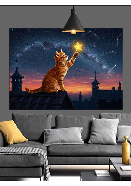 Günbatımı Kedi ve Yıldız Dekoratif Kanvas - Mdf Ahşap Tablo