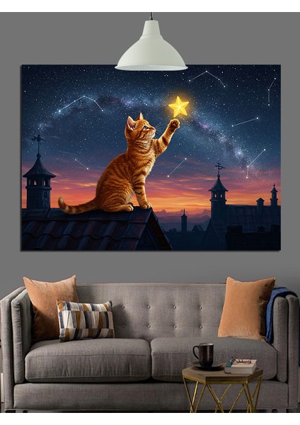 Günbatımı Kedi ve Yıldız Dekoratif Kanvas - Mdf Ahşap Tablo fiyatları