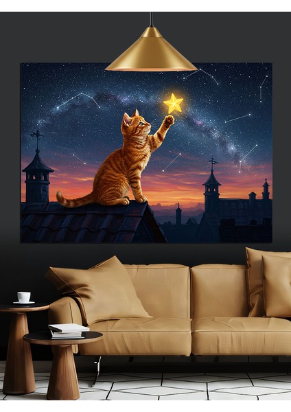 Günbatımı Kedi ve Yıldız Dekoratif Kanvas - Mdf Ahşap Tablo indirimleri