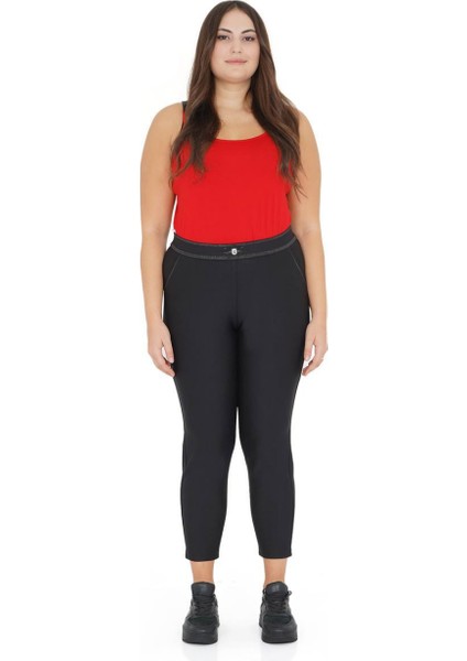 Büyük Beden Dar Paça Toparlayıcı Yüksek Belli Paçası Fermuarlı Beli Lastikli Kadın Pantolon