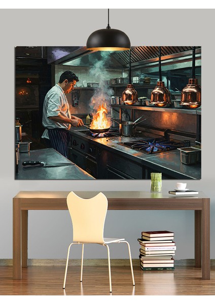 Şef Mutfakta Yemek Hazırlıyor Dekoratif Kanvas - Mdf Ahşap Tablo