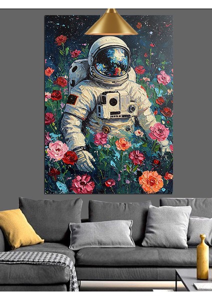Uzay Giysisi Içinde Astronot Çiçeklerle Dekoratif Kanvas - Mdf Ahşap Tablo