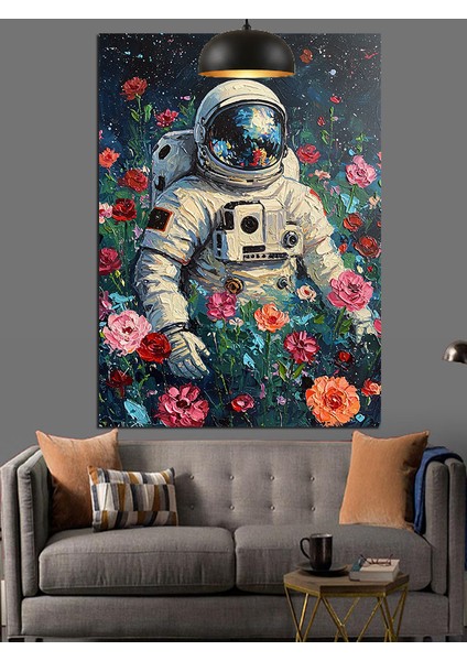 Uzay Giysisi Içinde Astronot Çiçeklerle Dekoratif Kanvas - Mdf Ahşap Tablo modelleri