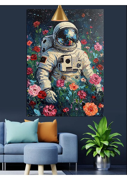 Uzay Giysisi Içinde Astronot Çiçeklerle Dekoratif Kanvas - Mdf Ahşap Tablo fırsatları