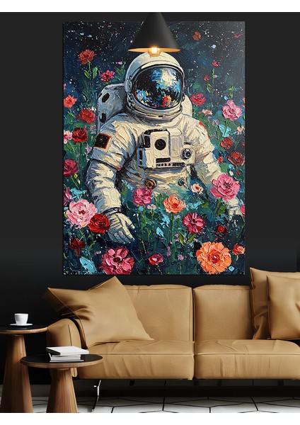 Uzay Giysisi Içinde Astronot Çiçeklerle Dekoratif Kanvas - Mdf Ahşap Tablo indirimleri