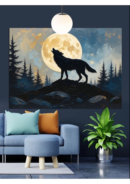 Dolunayda Uluyan Kurt Manzarası Dekoratif Kanvas - Mdf Ahşap Tablo fiyatları