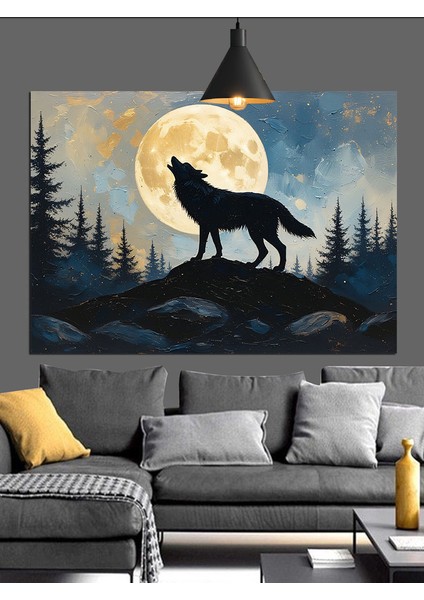 Dolunayda Uluyan Kurt Manzarası Dekoratif Kanvas - Mdf Ahşap Tablo fırsatları