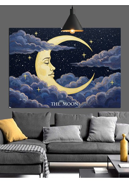 Hilal Ay Gökyüzü Yıldızlar Dekoratif Kanvas - Mdf Ahşap Tablo