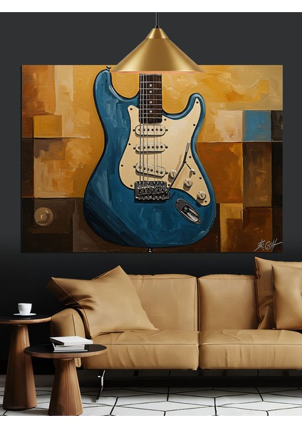Mavi Elektro Gitar Çizimi Dekoratif Kanvas - Mdf Ahşap Tablo