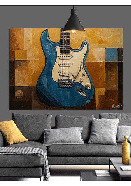 Mavi Elektro Gitar Çizimi Dekoratif Kanvas - Mdf Ahşap Tablo fiyatları