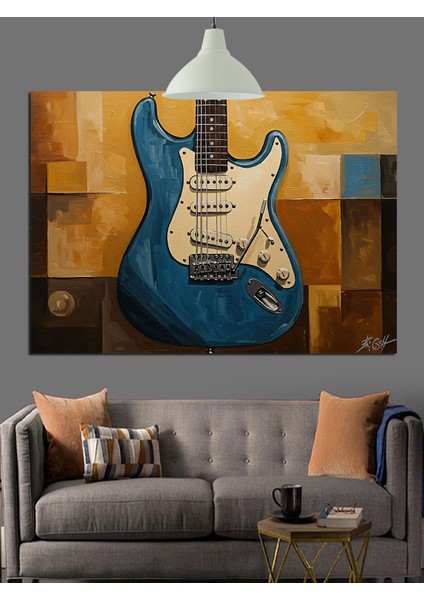 Mavi Elektro Gitar Çizimi Dekoratif Kanvas - Mdf Ahşap Tablo modelleri