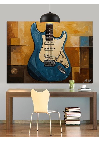 Mavi Elektro Gitar Çizimi Dekoratif Kanvas - Mdf Ahşap Tablo fırsatları