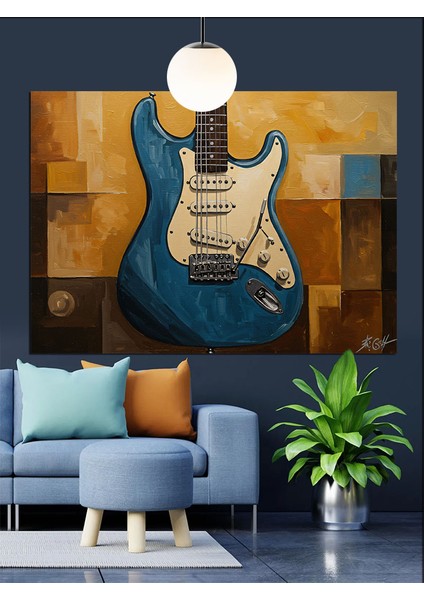Mavi Elektro Gitar Çizimi Dekoratif Kanvas - Mdf Ahşap Tablo indirimleri
