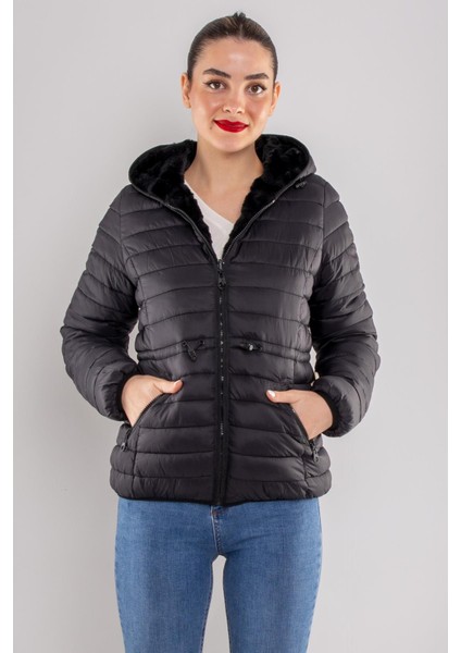 D89325 Slim Fit Beli Büzgülü Kapüşonlu Çift Taraflı Içi Kürklü Şişme Mont