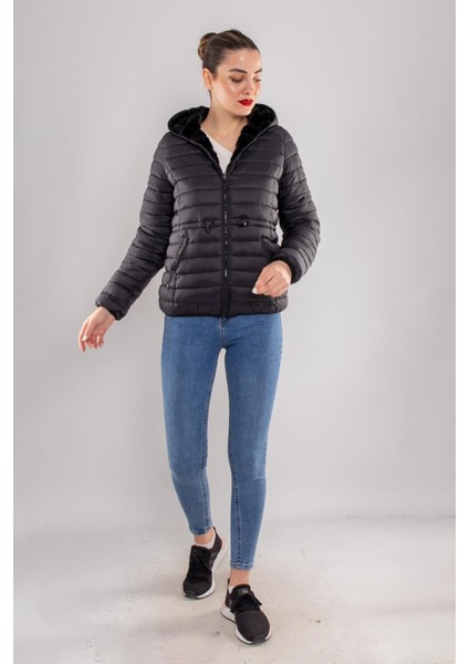 D89325 Slim Fit Beli Büzgülü Kapüşonlu Çift Taraflı Içi Kürklü Şişme Mont fiyatları