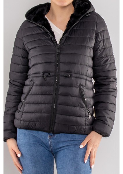 D89325 Slim Fit Beli Büzgülü Kapüşonlu Çift Taraflı Içi Kürklü Şişme Mont modelleri