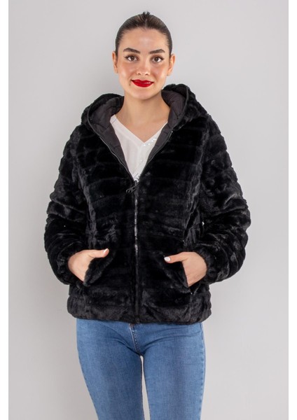 D89325 Slim Fit Beli Büzgülü Kapüşonlu Çift Taraflı Içi Kürklü Şişme Mont indirimleri