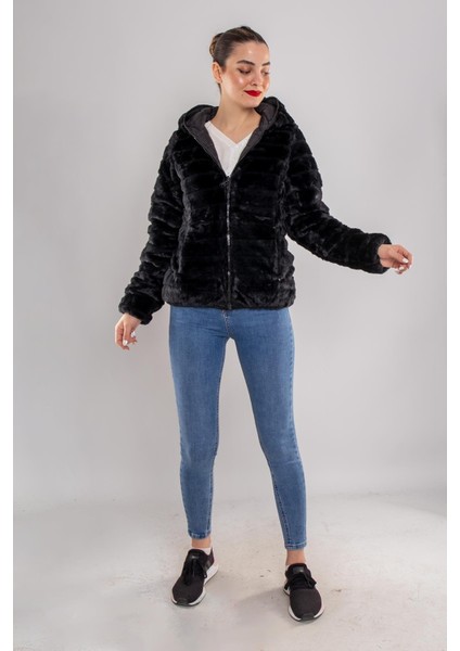 D89325 Slim Fit Beli Büzgülü Kapüşonlu Çift Taraflı Içi Kürklü Şişme Mont