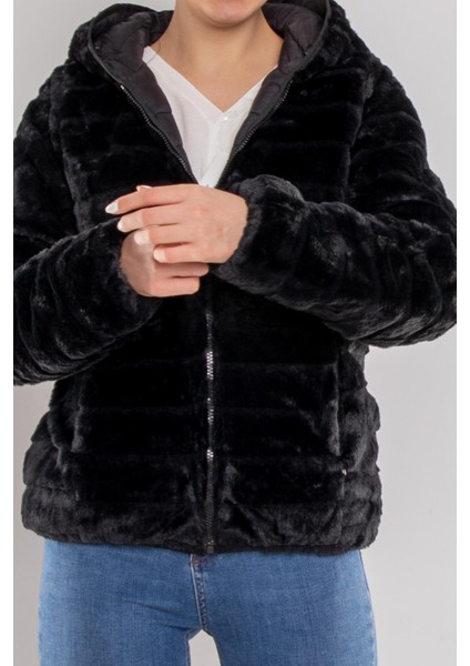 D89325 Slim Fit Beli Büzgülü Kapüşonlu Çift Taraflı Içi Kürklü Şişme Mont