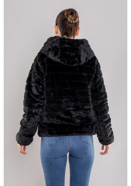 D89325 Slim Fit Beli Büzgülü Kapüşonlu Çift Taraflı Içi Kürklü Şişme Mont