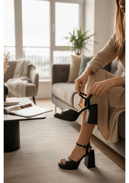 Bello Siyah Cilt ( 9 cm Topuk ) Platform Topuklu Günlük Ayakkabı modelleri