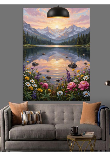 Karlı Dağlarla Çevrili Göl Manzarası Dekoratif Kanvas - Mdf Ahşap Tablo fiyatları