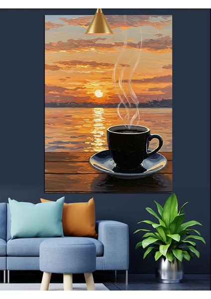 Gün Batımında Deniz Kenarında Kahve Keyfi Dekoratif Kanvas - Mdf Ahşap Tablo
