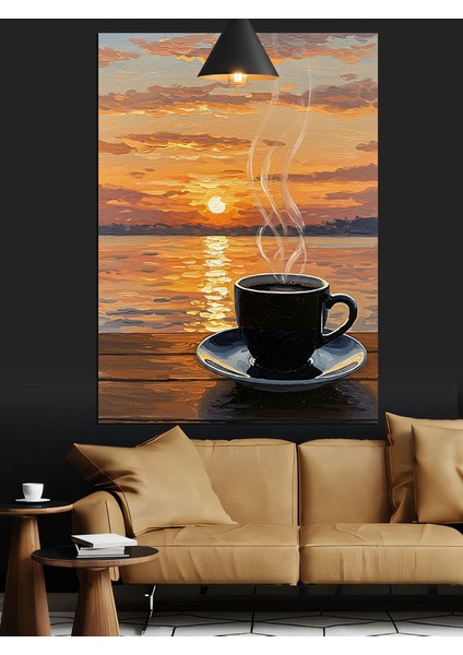 Gün Batımında Deniz Kenarında Kahve Keyfi Dekoratif Kanvas - Mdf Ahşap Tablo fiyatları
