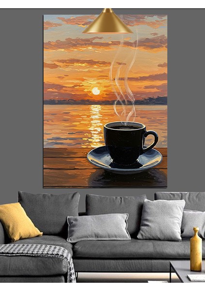 Gün Batımında Deniz Kenarında Kahve Keyfi Dekoratif Kanvas - Mdf Ahşap Tablo modelleri