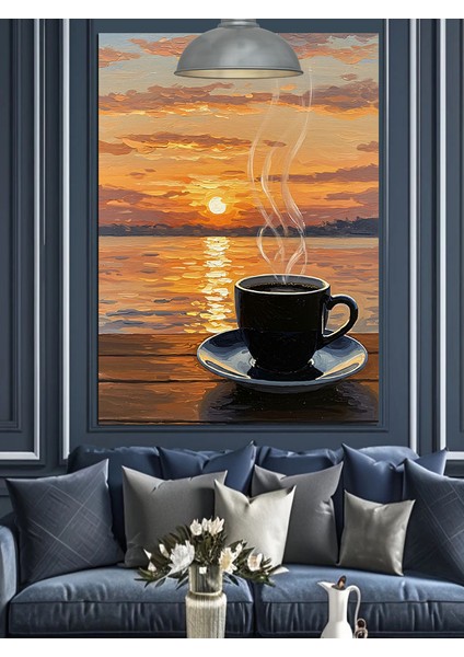 Gün Batımında Deniz Kenarında Kahve Keyfi Dekoratif Kanvas - Mdf Ahşap Tablo fırsatları