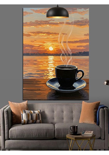 Gün Batımında Deniz Kenarında Kahve Keyfi Dekoratif Kanvas - Mdf Ahşap Tablo indirimleri