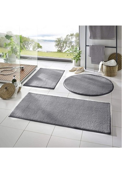 Yıkanabilir Kaymaz Taban Post Peluş Banyo Paspası Üçlü Takım Gri mt
