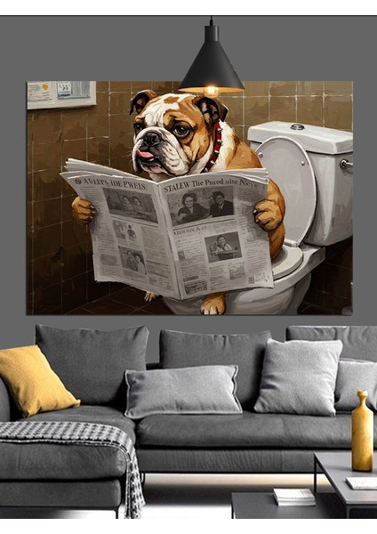 Köpek Tuvalette Gazete Okuyor Dekoratif Kanvas - Mdf Ahşap Tablo