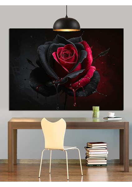 Siyah Fonda Kırmızı Gül Detayı Dekoratif Kanvas - Mdf Ahşap Tablo