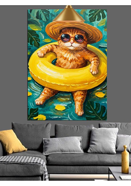 Can Simidi Içinde Oturan Şaşkın Kedi Dekoratif Kanvas - Mdf Ahşap Tablo