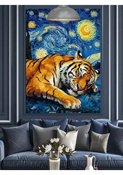 Yıldızlı Gece Altında Uyuyan Kaplan Dekoratif Kanvas - Mdf Ahşap Tablo