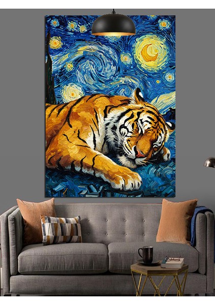 Yıldızlı Gece Altında Uyuyan Kaplan Dekoratif Kanvas - Mdf Ahşap Tablo fiyatları