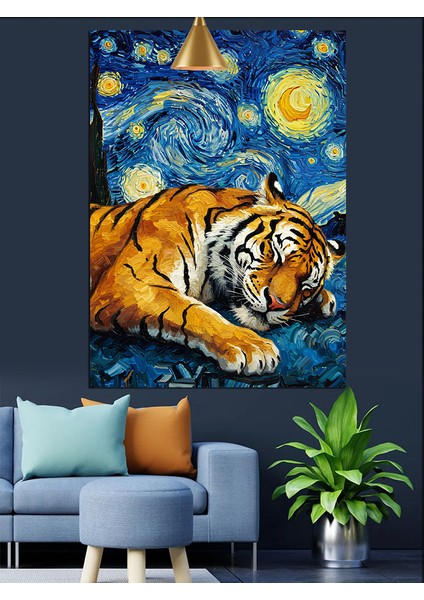 Yıldızlı Gece Altında Uyuyan Kaplan Dekoratif Kanvas - Mdf Ahşap Tablo modelleri