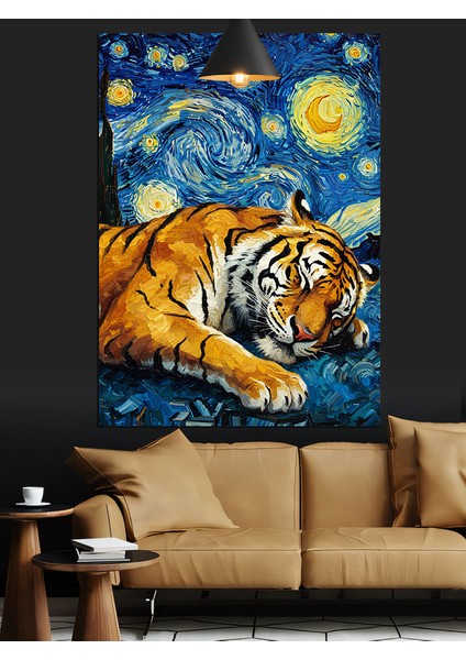 Yıldızlı Gece Altında Uyuyan Kaplan Dekoratif Kanvas - Mdf Ahşap Tablo fırsatları