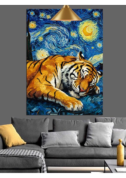 Yıldızlı Gece Altında Uyuyan Kaplan Dekoratif Kanvas - Mdf Ahşap Tablo indirimleri