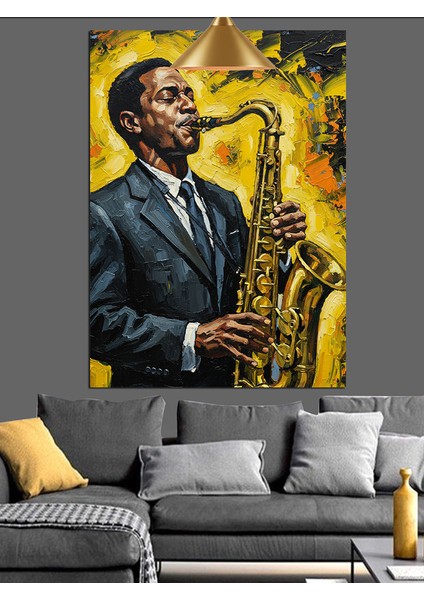 Saksafon Çalan Caz Müzisyeni Silüeti Dekoratif Kanvas - Mdf Ahşap Tablo