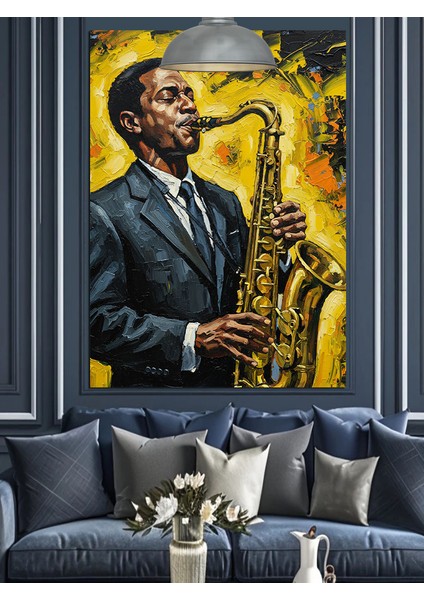 Saksafon Çalan Caz Müzisyeni Silüeti Dekoratif Kanvas - Mdf Ahşap Tablo fiyatları