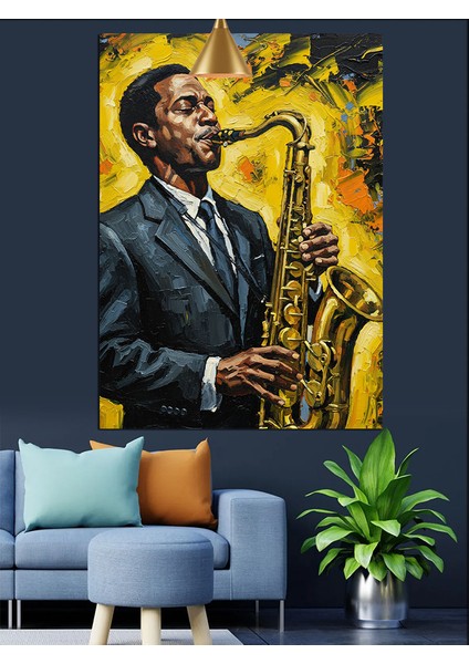 Saksafon Çalan Caz Müzisyeni Silüeti Dekoratif Kanvas - Mdf Ahşap Tablo fırsatları