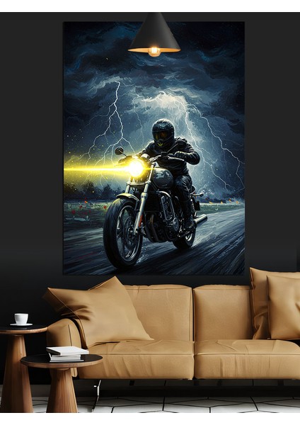 Yağmurlu Gecede Motosikletçi Dekoratif Kanvas - Mdf Ahşap Tablo