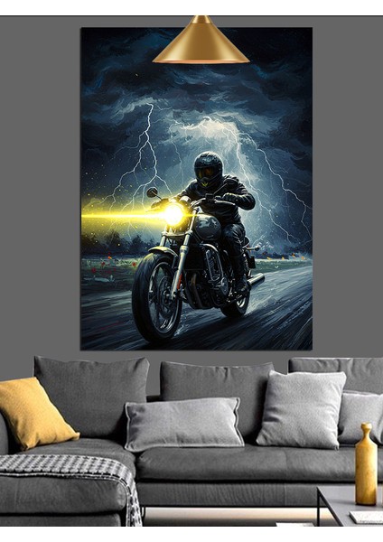 Yağmurlu Gecede Motosikletçi Dekoratif Kanvas - Mdf Ahşap Tablo fiyatları