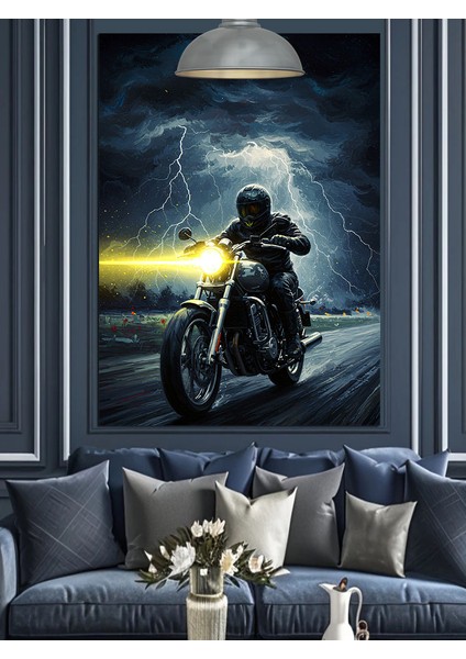 Yağmurlu Gecede Motosikletçi Dekoratif Kanvas - Mdf Ahşap Tablo modelleri