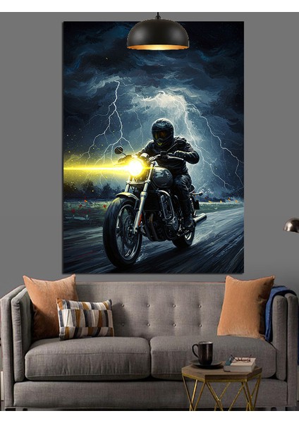 Yağmurlu Gecede Motosikletçi Dekoratif Kanvas - Mdf Ahşap Tablo fırsatları