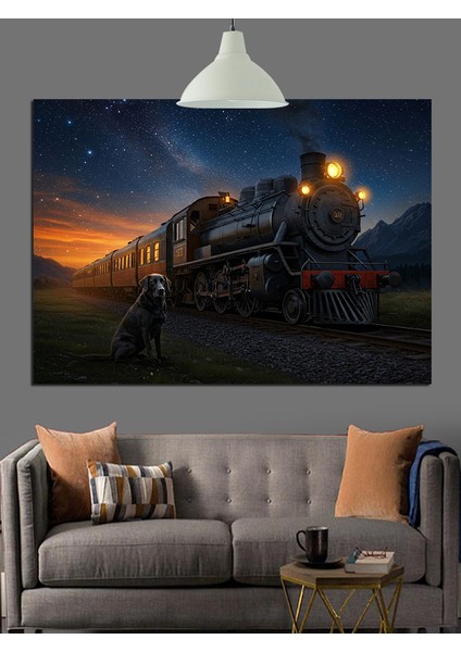Tren Istasyonunda Duran Buharlı Lokomotif Dekoratif Kanvas - Mdf Ahşap Tablo