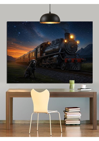 Tren Istasyonunda Duran Buharlı Lokomotif Dekoratif Kanvas - Mdf Ahşap Tablo fiyatları